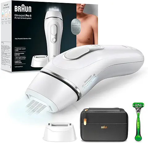 Braun Luz Pulsada Silk-expert Pro 5 PL5145 Depiladora IPL, Reducción Del Vello Visible En Casa, Blanca/Plateada, Con Funda, Cabezal Ancho Y Maquinilla Gillette Body  