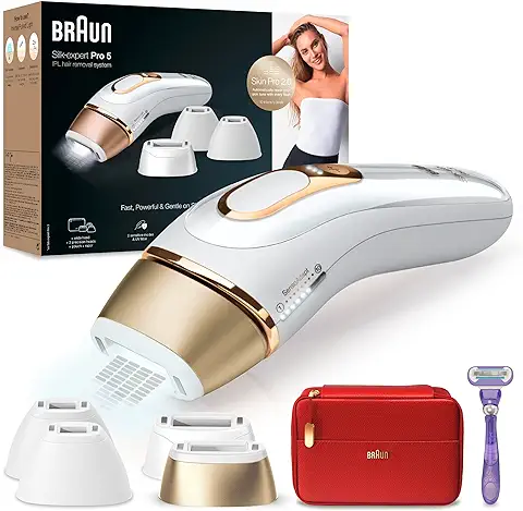 Braun Luz Pulsada Silk-expert Pro 5 PL5387 Depiladora IPL, Reducción Del Vello Visible En Casa, Blanca/Dorada  