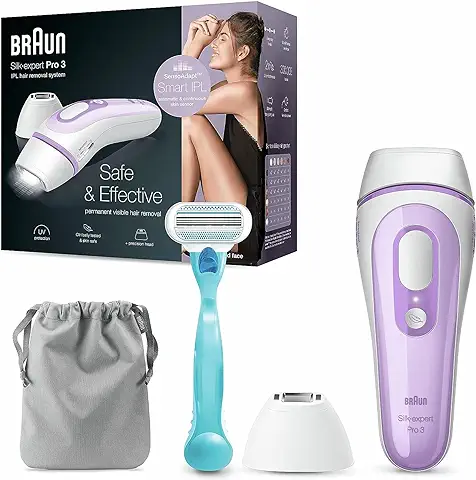 Braun Silk-expert Pro 3 Depiladora Mujer Luz Pulsada IPL con Cabezal de Precisión y Maquinilla de Afeitar Venus, Alternativa a la Depilación Láser en Casa, Unisex, Funda, PL 3111, Blanco/Lila  