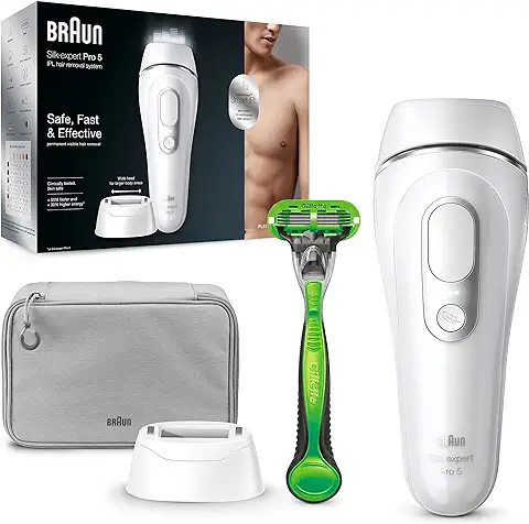 Braun Silk-expert Pro 5 Depiladora Corporal Hombre Luz Pulsada IPL, Cabezal de Precisión y Maquinilla de Afeita, Depilación Láser, Regalos Originales para Hombre, PL 5115, Blanco Y Plateado, 4 Piezas  