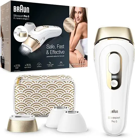 Braun Silk-expert Pro 5 Depiladora Mujer Luz Pulsada IPL, con 2 Cabezales Standar y 2 de Precisión, Alternativa a la Depilación Láser en Casa, Regalos Originales para Mujer, PL 5137MN, Blanco/Dorado  