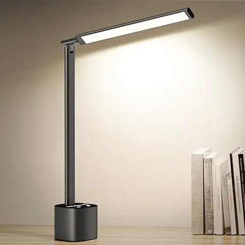 Bravzurg Lampara de mesa Recargable sin Cables, 5000mAh Luz Escritorio de Aluminio con Bateria, Portatil Plegable y Regulable, Flexo Escritorio para Trabajo Oficina, Mesita de Noche, Exterior (Gris)  