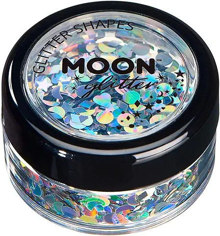 Brillo con Figuras Holográficas por Moon Glitter – 100% Brillo Cosmético para la Cara, Cuerpo, Uñas, Cabello y Labios - 3g - Plata  
