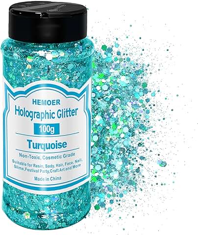 Brillo Holográfico Grueso por HEMOER, Turquesa 100g de Purpurina de Lentejuelas Gruesas para Rostro, Cuerpo, Ojos, Cabello, Uñas, Festival de Lentejuelas en Forma de Hexágono de 3,52 Oz/botella  