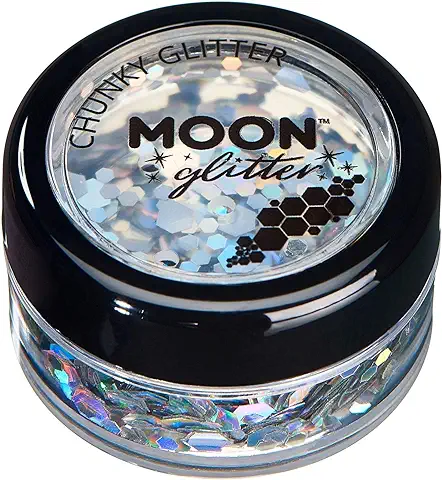 Brillo Holográfico Grueso por Moon Glitter – 100% Brillo Cosmético para la Cara, Cuerpo, Uñas, Cabello y Labios - 3g - Plata  
