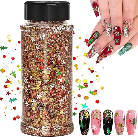 Brillo Navideño, 100g de Purpurina Holográfica para Resina Epoxi, Copos de árbol de Navidad para Uñas, Cara, Maquillaje, Cuerpo y Manualidades Brillante Decoración (SD-02)  