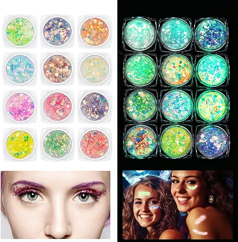 Brillos para la Cara 12 Colores, Purpurina Festival Larga Duración, Brillantes para Pelo, Arte, Corporal Uñas, Glitter Maquillaje para Diario, Cumpleaños,Navidad,Halloween  