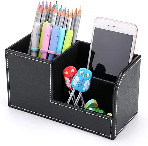 BTSKY Caja Organizador de Escritorio de Piel Sintética con 3 Compartimentos, Multifuncional, para Niños Oficinas, Color Negro  