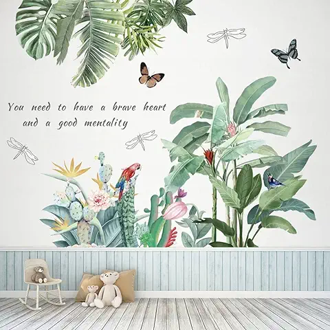 BuerHomie Pegatinas Pared Decorativas, Vinilos de Pared Decorativos Plantas Tropicales Verdes Flores y Mariposas, Decoración de Pared para Salón, Dormitorio, Cocina o Baño  