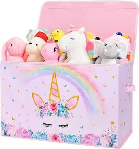 Caja de Juguete Unicornio - Cajas Almacenaje Oxford Plegable con Asas de 64 x 32 x 40 CM Juguetes Ropa Libros Organizador Armario con Tapa Abatible para Niños Dormitorio Guardería Sala de Estar  