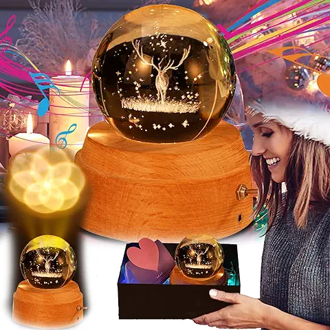 Caja Música, Caja Música con Bola Cristal 3D con Proyección Luz Cálida Rotación 360° Bola Cristal K9 Regalo Cumpleaños Día La Madre Regalo Navidad con Caja Regalo Tarjeta Felicitación Alce  