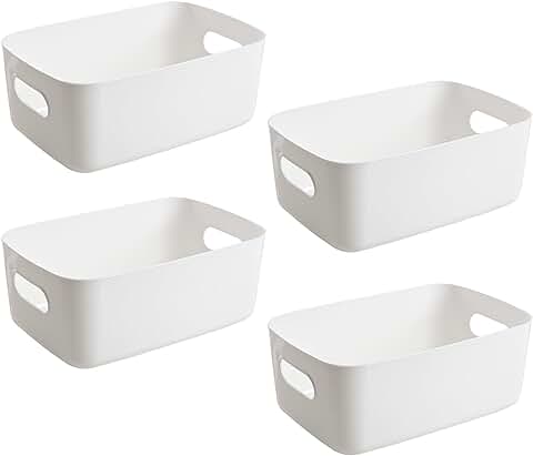 Cajas Organizadoras de Plastico, 4 Piezas Cajas Almacenaje Cocina, Cesta Plastico, Cestas Almacenaje Baño, Blanco Caja Almacenaje Plastico, Cestas Organizadoras Apto para Snacks Cosméticos Juguetes  