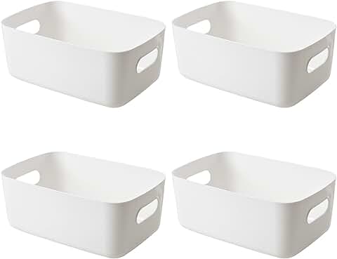 Cajas Organizadoras de Plastico,4pcs Cesta Duradera, Resistente, con Asas en Ambos Lados, Cajas Almacenaje para Estante de Cocina, Baño, Habitación de Los Niños, Armario (Blanca)  