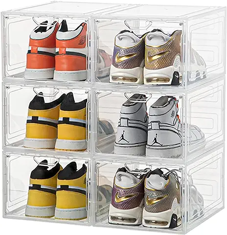 Cajas para Zapatos Transparentes, 6 Cajas de Zapatos,Organizadores Plegables,Apilables, para Exponer Zapatillas, Tacones Altos, Transparente y Blanco con Tapas para Mujeres/Hombres（33.5x28x18cm）  