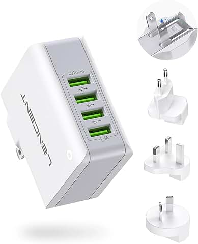 Cargador USB Multipuerto, LENCENT Ladron Enchufes, 4.4A 5V Adaptador para Viaje, Adaptadores de Enchufe Universal Inglés/eeuu/EU/AUS para IPad, IPhone, Samsung Teléfonos Inteligentes  