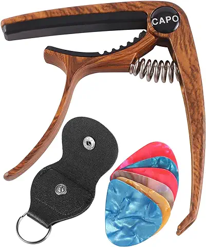 Cejilla Guitarra con 6 Púas para Guitarra 0,46/0,71/0,96 mm, Profesional Guitar Capo Accesorios Guitarra para Guitarra Acustica Guitarra Electrica y Guitarra Clasica(Madera Color)  