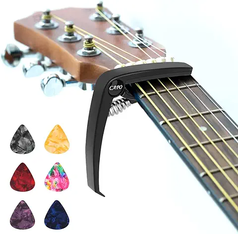 Cejilla Guitarra Española Electricas Clásica Profesional Clasica Guitar Capo Ligero Aleación para Guitarra Eléctrica Española Acustica Folk Ukelele Bajo Instrumento Aleación con 6 Púas de Guitarra  