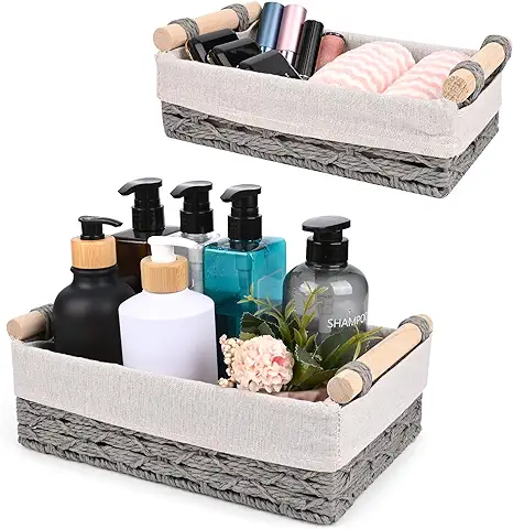 Cestas Almacenaje Trenza, Sterneer 2 Piezas Cesta de Almacenamiento con Asas de Madera, Caja Organizadora Decorativo, para Cajones, Mesas, Cómodas, Cocinas, Salones  