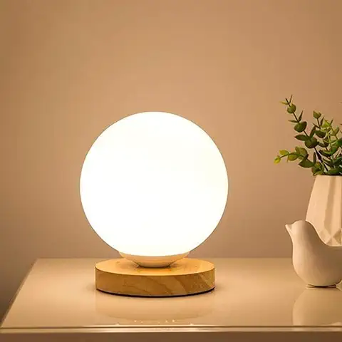 ChaoZan Lámpara de mesa Esférica Retro Moderna E27 Max.40W Madera Roble Claro/vidrio opal Mate, luz de Noche Lámpara de Lámparas de Escritorio,sala de Estar/lámpara de Noche（redonda）  