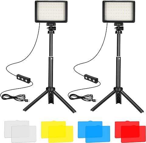 Ci-Fotto LED Video Light 2-Pack, 5600K Iluminacion Foco de Luz Fotografia USB con Mini Trípode y Filtros de Colores para Estudios, Tomas en Ángulos Pequeños, Grabación de Video, Transmisión de Juegos  