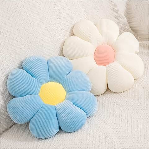 Cojín de Flores de 2 Piezas - Cojines en Forma de flor de Margarita, Cojín de Almohada de piso de Felpa de flor para la Decoración de la Silla del Sofá del Dormitorio (15 Pulgadas, Blanco+azul)  