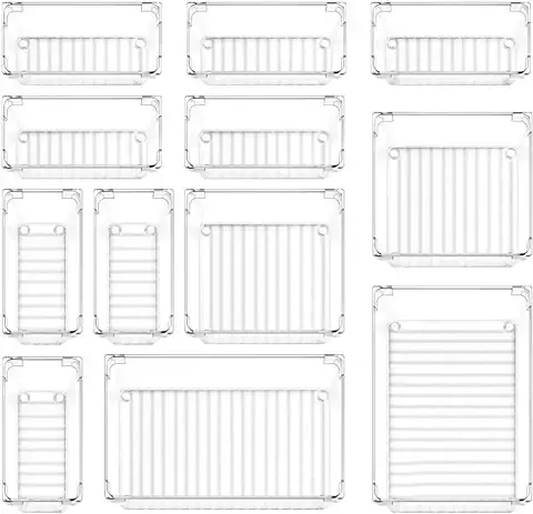 Collazoey 12 Piezas Organizadores de Cajones Transparentes,con Organizador de Tocador de 3 Tamaños,Organizadores de Cosméticos Transparentes Antideslizantes para Baño,Tocador,Cocina,Oficina  