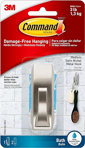 Command MR02-SN-BES - Metal Satinado Baño Hook Con Agua Tiras Resistentes  