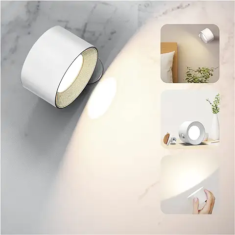 Coollamp Lámpara de Pared LED, Apliques Pared Interior con Batería Recargable 3 Modos de Color Regulable Rotación de 360 Grados Control Táctil, Aplique a Pilas para leer Junto a la cama Blanco  