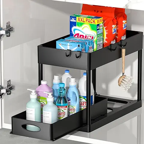 Coovee Organizador Bajo Fregadero Cocina, Baño con Cajón de Almacenamiento Deslizante de 2 Niveles para Cosméticos Cocina Despensa,con Cuatro Ganchos(Negro)  