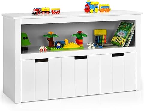 COSTWAY Armario con 3 Cajones, Estante de Madera con Ruedas y Cubos para Juguetes de los Niños, Amplio Espacio, Organizador Duradero para Salón/Dormitorio/Cuarto de los Niños (Blanco)  