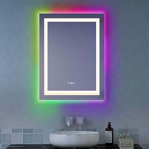 COSTWAY Espejo LED de Pared para Baño 80x60cm, Espejo de Maquillaje RBG Retroiluminado y Regulable con 3 Luces Delanteras de Color y Control Táctil Inteligente, Antivaho, a Prueba de Explosión, IP44  