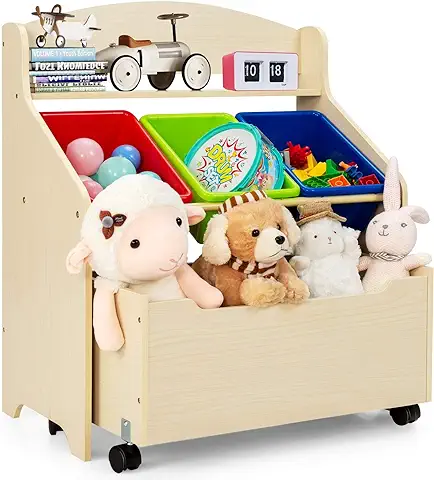 COSTWAY Organizador Juguetes con 3 Cajas y Estante Compartimiento con Ruedas, Estanteria Infantil, Organizador Juguetes Infantil, 63,5x38x76cm (Natural)  