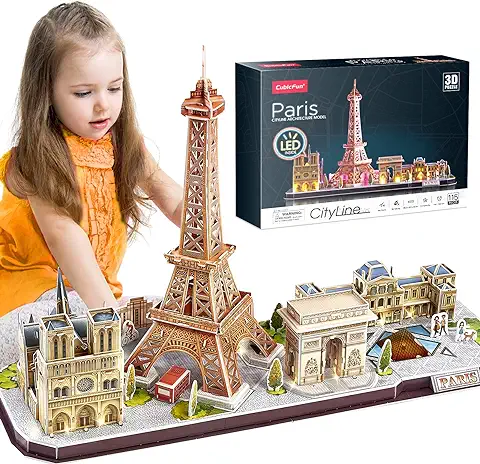 CubicFun Puzzle 3D LED París Cityline Maquetas para Construir Adultos Puzzles en 3D Kits de Construcción de Iluminación para Niños 8+, Torre Eiffel, Notre Dame de París, El Louvre, Arco del Triunfo  