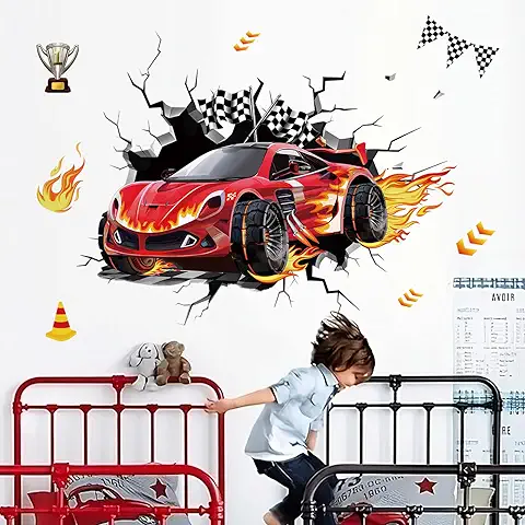 Decalmile Pegatinas de Pared 3D Coches de Carreras Vinilos Decorativos Vehículo Rojo Banderas Adhesivos Pared Habitación Infantiles Niños Bebés Guardería  