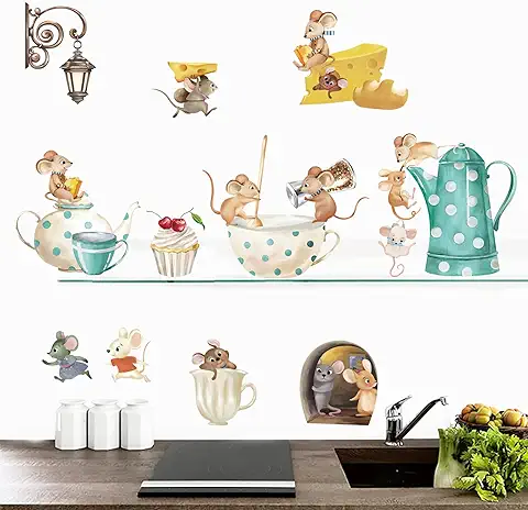 Decalmile Pegatinas de Pared Cocina Café Vinilos Decorativos Ratón Taza de Café Adhesivos Pared Cocina Comedor Refrigerador  