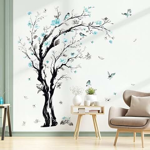 Decalmile Pegatinas de Pared Árbol de Flores Azul Vinilos Decorativos Flor Acuarela Pájaros Adhesivos Pared Dormitorio Salón Oficina  