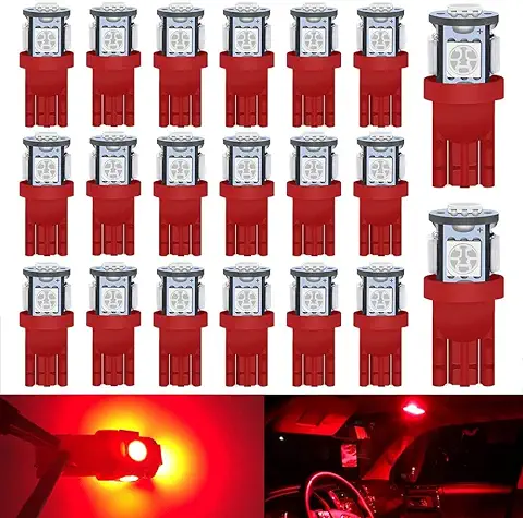 DEFVNSY Paquete de 20 - W5W T10 168 2825 194 Bombilla LED de Color Rojo Brillante 5050 Chipsets Fuente de luz 5SMD para luz de Matrícula de 12V, Luces LED Interiores del Automóvil, Lámpara de Techo  