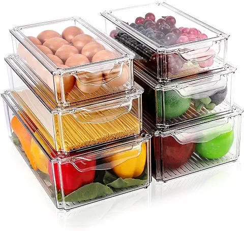 Diealles Shine Organizador Frigorifico, Juego de 6 Organizador Nevera Transparente, Fridge Organizer with Lids, Almacenaje Nevera Apilable para La Cocina Encimeras y Refrigerador  