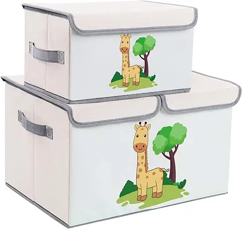 DIMJ Juego de 2 Cajas de Almacenaje Juguetes Plegable, Caja Organizadora de Juguetes con Tapa y Asa, Caja de Tela Patrón Lindo Jirafa para Niños (Beige)  