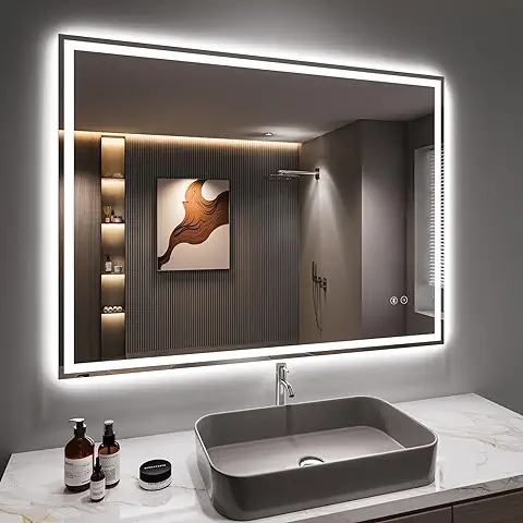 Dripex Espejo de Baño con Luz LED 50 x 70 cm, Antivaho, Bluetooth Altavoz, con Enchufe Bipolar, Dimmable, 3 Colores de Luz, IP44  