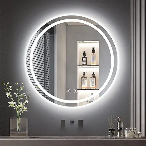 Dripex Espejo de Baño con Luz LED Redondo 60 cm, Antivaho, Dimmable, con Función de Memoria, Interruptor Táctil, IP44, IRC 90+  