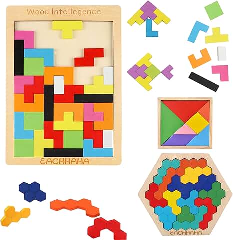 EACHHAHA 3 en 1 Puzzle Montessori de Madera, Juego de Rompecabezas de Tangram, Geometry IQ Games, Regalo Educativo Montessori Adecuado para Niños de 4 5 6 7 8 Años  