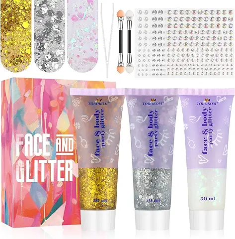 EBANKU Conjunto 3 gel Brillante para Cuerpo y Cara, Ideal para Conciertos, Festivales rave y Looks Sirena. Incluye Brillo Lentejuelas, Grueso para Ojos, Labios y Cabello. ¡50ml de pura Brillantez  