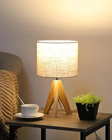 EDISHINE Lámpara de Noche de Madera, Lámpara de Mesa con Trípode, Casquillo E27, Pantalla de Lino Beige Vintage para Oficina, Sala de Estar, Dormitorio  