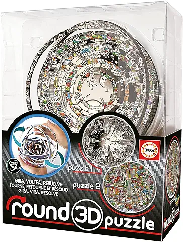 Educa - Puzzle 3D Round Puzzle. 2 Imágenes de Charles Fazzino a Resolver. Gira, Voltea y ¡Resuelve!. 12,7 cm de Diámetro y 14 Anillos Concéntricos. Rompecabezas a Partir de 8 Años (19707)  