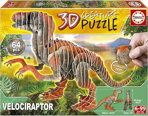 Educa - Puzzle 3D Velociraptor 3D Creature Puzzle. Monta tu Propio Dinosaurio en 3D, Piezas de Cartón Impresas a Dos Caras. A Partir de 5 6 7 8 Años (19382)  