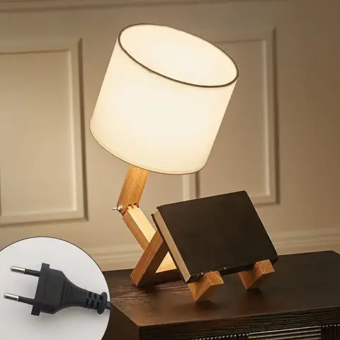 ELINKUME® Creativo Robot Lámpara de Escritorio, Ajustable Libro Estante Madera Lámpara de Noche con Pantallas de tela E27 Tornillo para Niños Dormitorio Oficina sala de Estar Iluminación Decorativa  