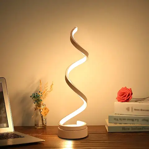 ELINKUME LED Lámpara de Mesa, Curvo LED Lámpara de Escritorio Regulable, Diseño Minimalista Moderno, 12W Espiral luz Blanca Cálida, Creative Acrílico LED Modelado Lámpara de Cabecera (blanco)  