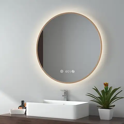 EMKE Espejo Baño Redondo con luz, Diámetro 70cm, luz Neutra 4300K, Espejo de Baño con Marco Dorado Cepillado, Espejo Baño con Interruptor Táctil, Antivaho, Reloj, Indicador de Temperatura, Regulable  