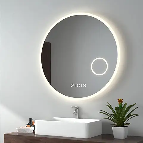 EMKE Espejo Baño Redondo con luz, Diámetro 80cm, luz Neutra 4300K, Espejo de Baño Redondo Decorado con Acrílico, Espejo de Baño con Interruptor Táctil, Antivaho, Lupa, Reloj, Temperatura, Regulable  